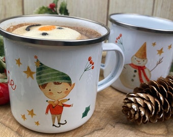 Elf Boy Personalised Enamel Mug, Christmas Mug, Customised Christmas Gift, Hot Chocolate Mug, Gift For Children, Christmas Eve Box