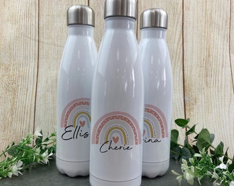 Personalised Water Bottle Adult, School Water Bottle, Personalised Water Bottle With Pastel Rainbow