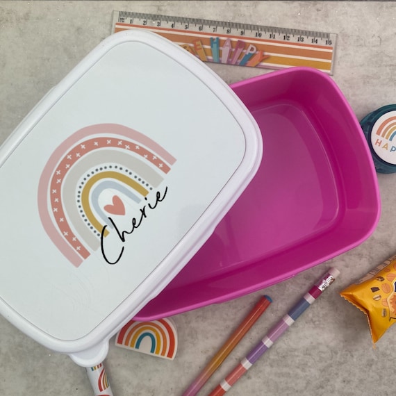 Rainbow Lunchbox, Cute Lunch Box For Kids, Rainbow Gifts For Girls, Back To School, Snack Box, Personalised Rainbow Lunchbox - Pink, White