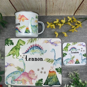 Dinosaur Enamel Mug, Placemat and Coaster, Personalised Placemats Kids,  Girls Gifts, Boys Gifts, Christmas Gift, Christmas Eve Box