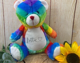 Personalised Heart Name Teddy - Rainbow Bear, Teddy Bear, Soft Toy, Plushie, Cuddly Toy, Just Because Gift, Birthday Gift, Christmas Gift,