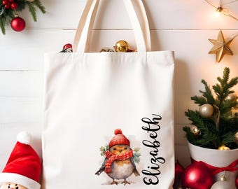 Personalised Tote Bag, Robin Gift, Christmas Gift For Her, Canvas Tote Bags,  Reusable Bag, Shopping Canvas Bag, Gift For Her, Christmas Bag