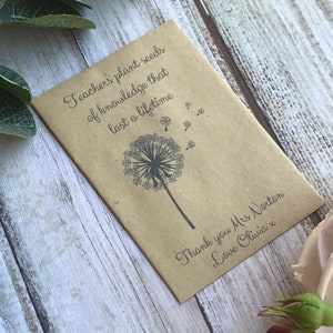 Teachers Plant Seeds Of Knowledge... Mini Kraft Envelope with sunflower Seeds, Great Little Gift for Teachers, Personalised With Any Name