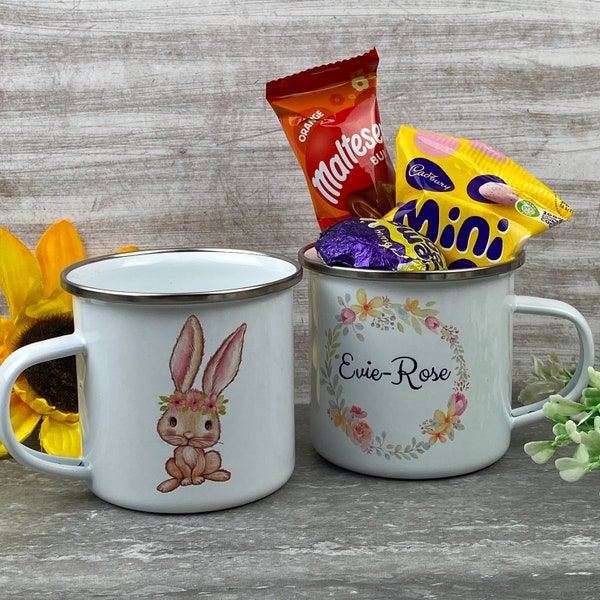 Easter Wreath Enamel Mug - Girl Rabbit, Easter Gift, Easter Mug, Sweet Gift Mug, Children’s Mug, Easter Gift for Kids, Easter Bunny Mug