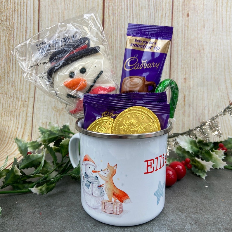Woodland Friends Personalised Enamel Mug, hot chocolate mug, Christmas Eve, Children’s Mug, Enamel Mug Kids, Enamel Mug Christmas 