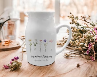 Personalized Birth Flower Ceramic Jug: Custom Mother's Day Vase