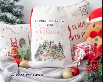 May include: A white Christmas gift sack with a red drawstring closure. The sack features the text "SPECIAL DELIVERY FOR Olivia" in black and pink, along with a winter scene with mice and trees. Decorative Christmas items surround the sack.
