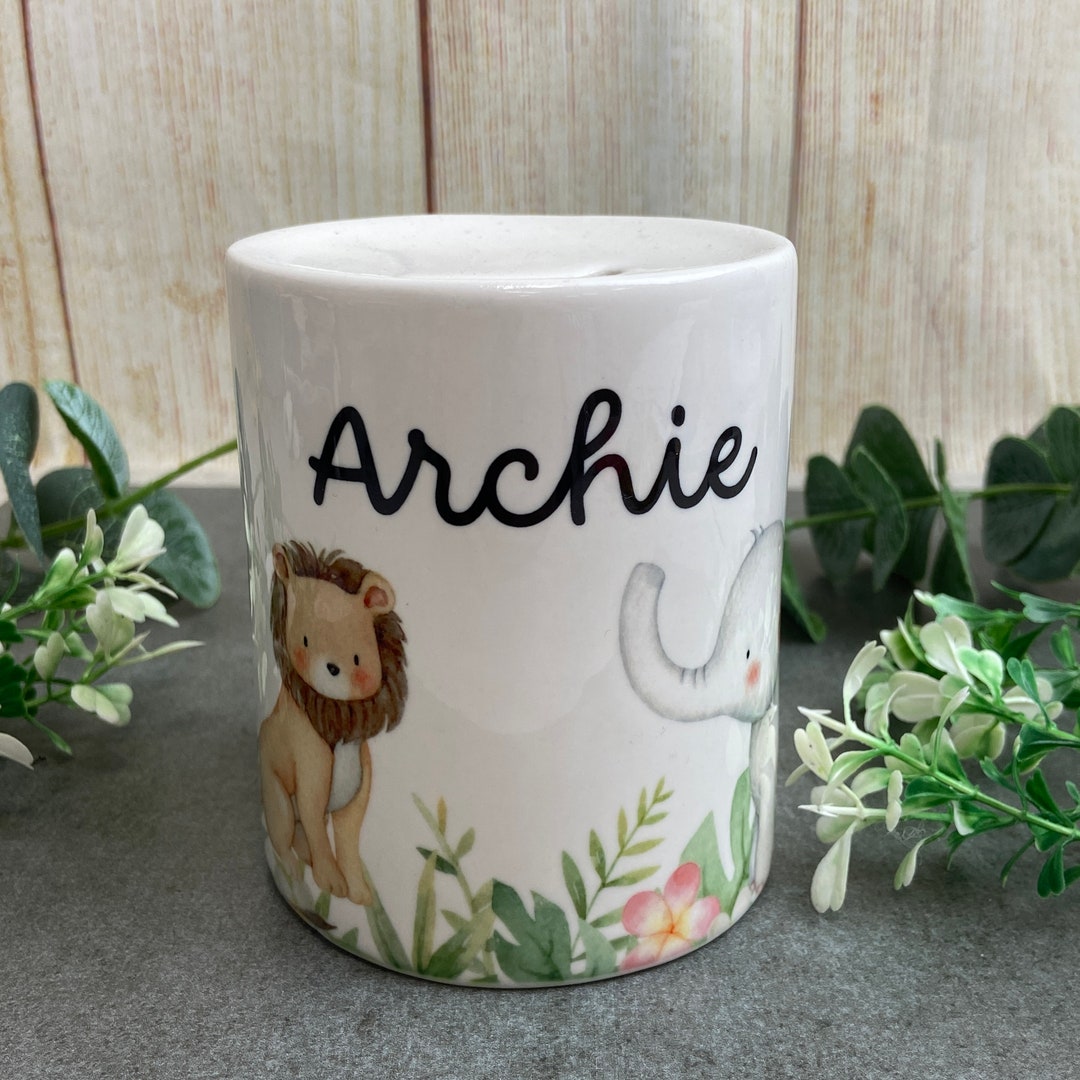 Personalised Money Box Jungle, Children's Money Box, Piggy Bank, Baby