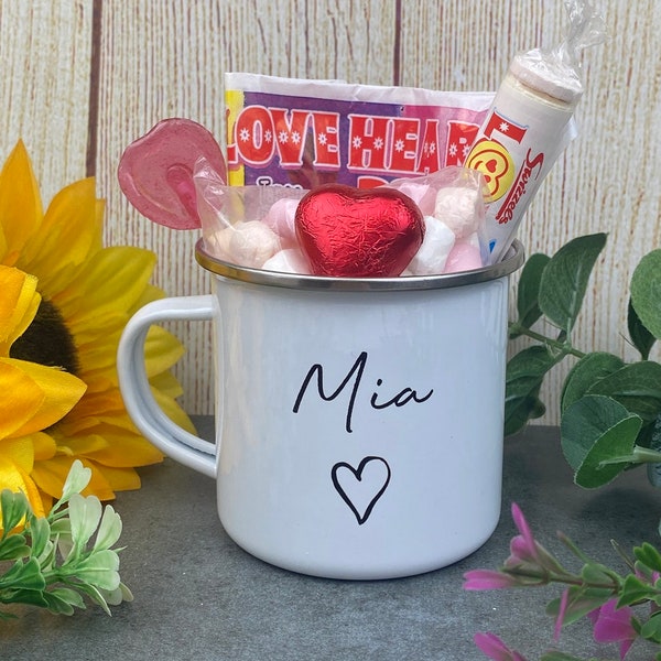 Personalised Name Enamel Mug, Valentine’s Day Mug, Gift For Friend, Children’s mug, Galentine's day gift, Christmas Mug, Easter Mug