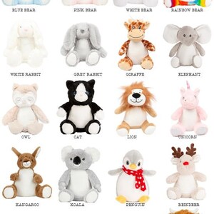Op de afbeelding: Een verzameling pluche dieren in verschillende kleuren en ontwerpen, waaronder een blauwe beer, roze beer, witte beer en een regenboogbeer. Andere dieren zijn een giraffe, olifant, kat, leeuw en eenhoorn.