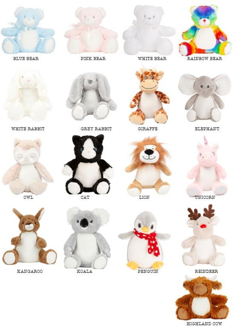 Op de afbeelding: Een verzameling pluche dieren in verschillende kleuren en ontwerpen, waaronder een blauwe beer, roze beer, witte beer en een regenboogbeer. Andere dieren zijn een giraffe, olifant, kat, leeuw en eenhoorn.