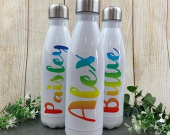 Personalised Water Bottle Adult, Rainbow Name, Reusable Metal Water Bottle, Cute Customized Water Bottle Kids, Gym, School Water Bottle,