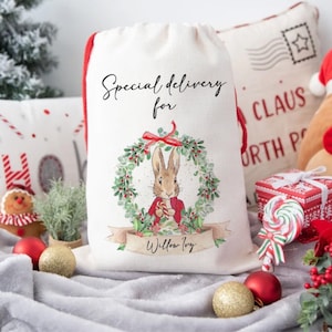 Personalised Santa Sack, Santa Sack, Rabbit Wreath Santa Sack, Christmas Eve Sack, Sack For Christmas Presents, Personalised Christmas Sack