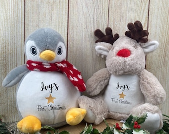 First Christmas Personalised Teddy, First Christmas Gift, Gift For New Baby, 1st Christmas, 1st Xmas Soft Toy, Penguin, Reindeer, Elephant
