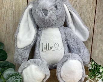 Personalised Heart Name Teddy - Grey Bunny, Teddy Bear, Soft Toy, Plushie, Cuddly Toy, Just Because Gift, Birthday Gift, Christmas Gift,