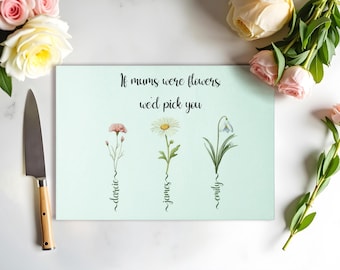 Personalized Tempered Glass Chopping Board: Birth Flower Gift for Mum