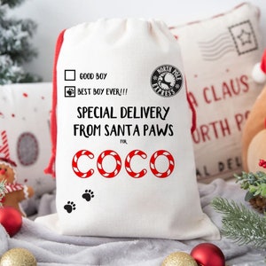 May include: A cream-coloured Christmas gift bag with a red drawstring. The bag has black text reading "Special Delivery From Santa Paws For Coco." It also features paw prints and a "North Pole Express" stamp.