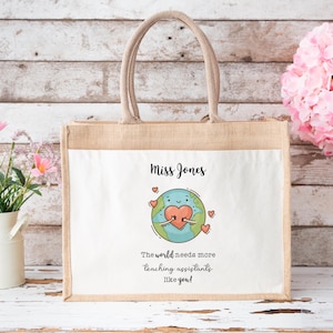 Sac personnalisé en jute pour professeur | Cadeau pour professeur | Cadeau de fin d&#39;année pour assistant d&#39;enseignement, TA, SEN | Cadeau de remerciement personnalisé | Sac professeur