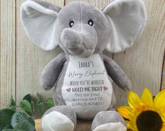 Personalisierter Grauer Sorge Elefant Stofftier, Angst Unterstützung, Kinder Sorgen Teddy, Kinder Stofftier, Kuscheltier, Löwe, Hase, Giraffe etc