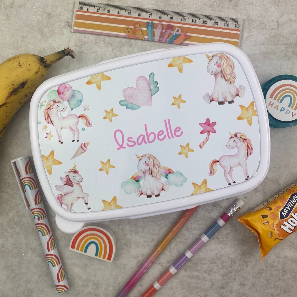 Kinder Brotdose, Niedliche Brotdose für Kinder, Einhorn Geschenke für Mädchen, Schulanfang, Snackbox, personalisierte magische Einhorn-Lunchbox - weiß