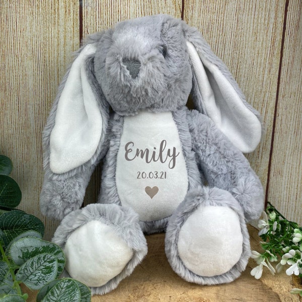 Personalized Grey Bunny Rabbit Plush: Cuddly Toy, Custom Name & Date