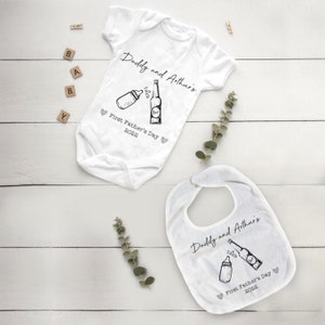Beer & Bottle First Father&#39;s Day Bib and Vest, New Baby, 1st Father&#39;s Day, Baby Bib, Burp Cloth, Personalised Bib, New Daddy, Dad Gift, Beer