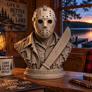May include: A monochromatic bust of a figure wearing a hockey mask with multiple holes and a tattered collared shirt. The figure holds a large, weathered machete diagonally across the chest. The sculpture is mounted on a circular base.