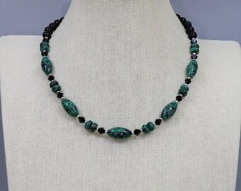 Black Agate & Ruby Zoisite Beaded Necklace: Woman's Gemstone Jewelry