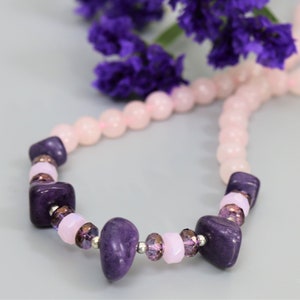 Rose Quartz Necklace, Purple Marble Stone Necklace, Beaded Necklace, Gemstone Necklace, Knotted Necklace, Short Necklace, Woman&#39;s Necklace