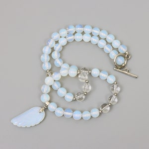 Sea Opal Wing Pendant Necklace: Quartz Crystal Beaded Necklace
