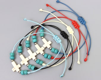 Wax Cord Cross Bracelet: Turquoise Boho Adjustable Bracelet