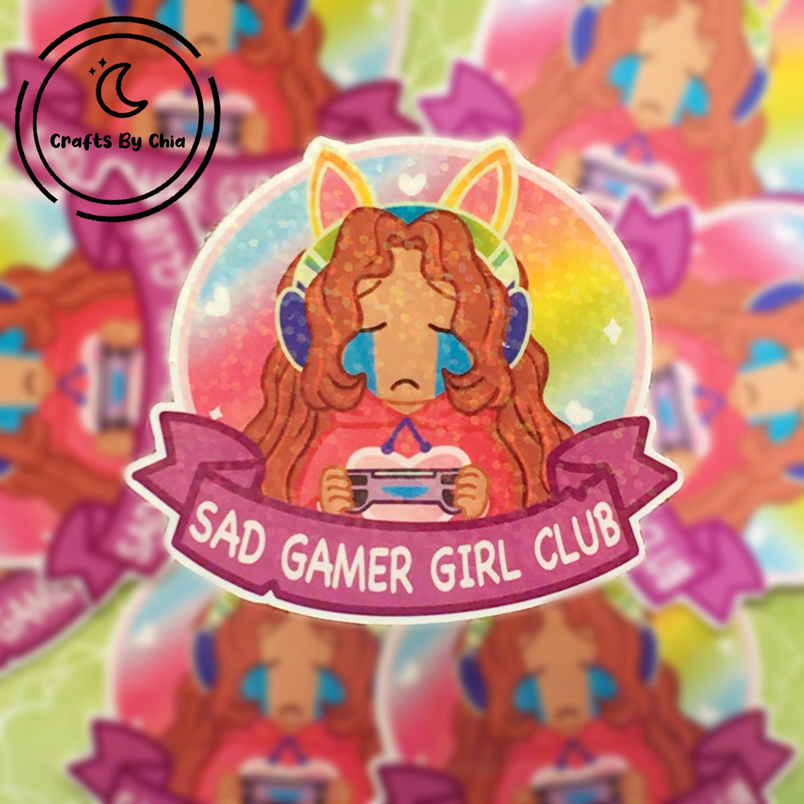 Sad Gamer Girl Stickers & Pins|Gamer Girl Matte Glossy Holographic Stickers|Video Game Stickers|Gamer Girl|Kawaii Stickers|Egirl Stickers