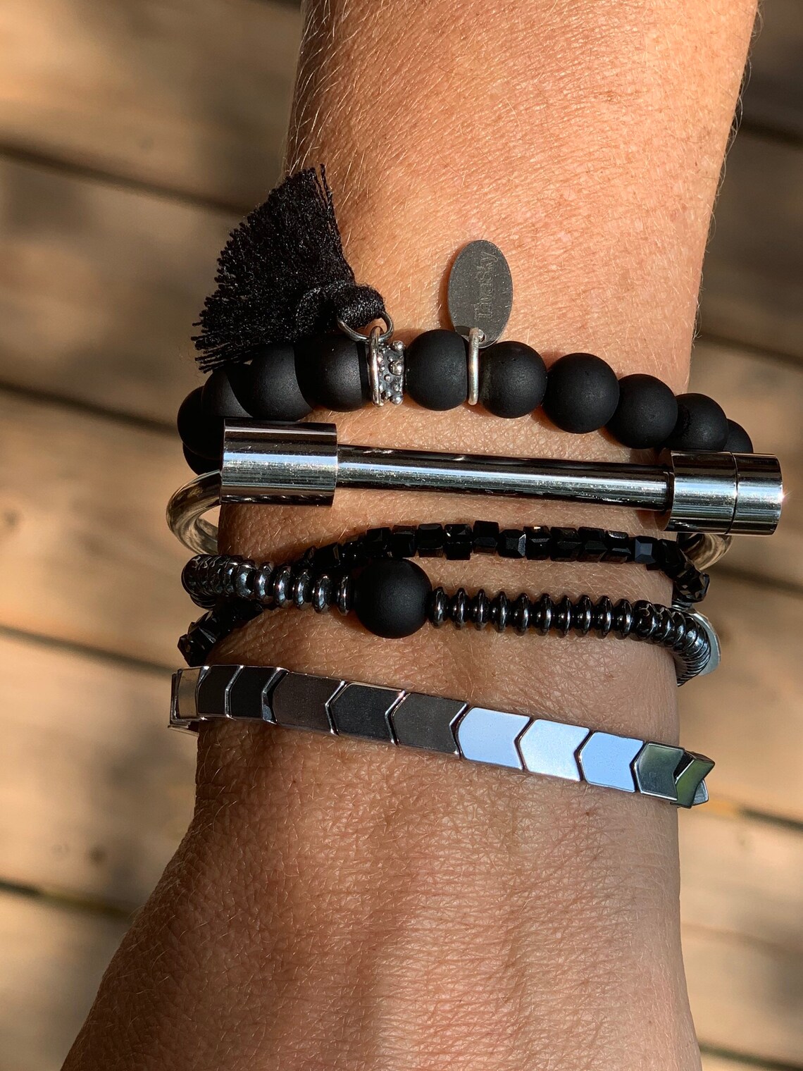 Matte Black Set Black Stretch Bracelets Black and Silver Etsy