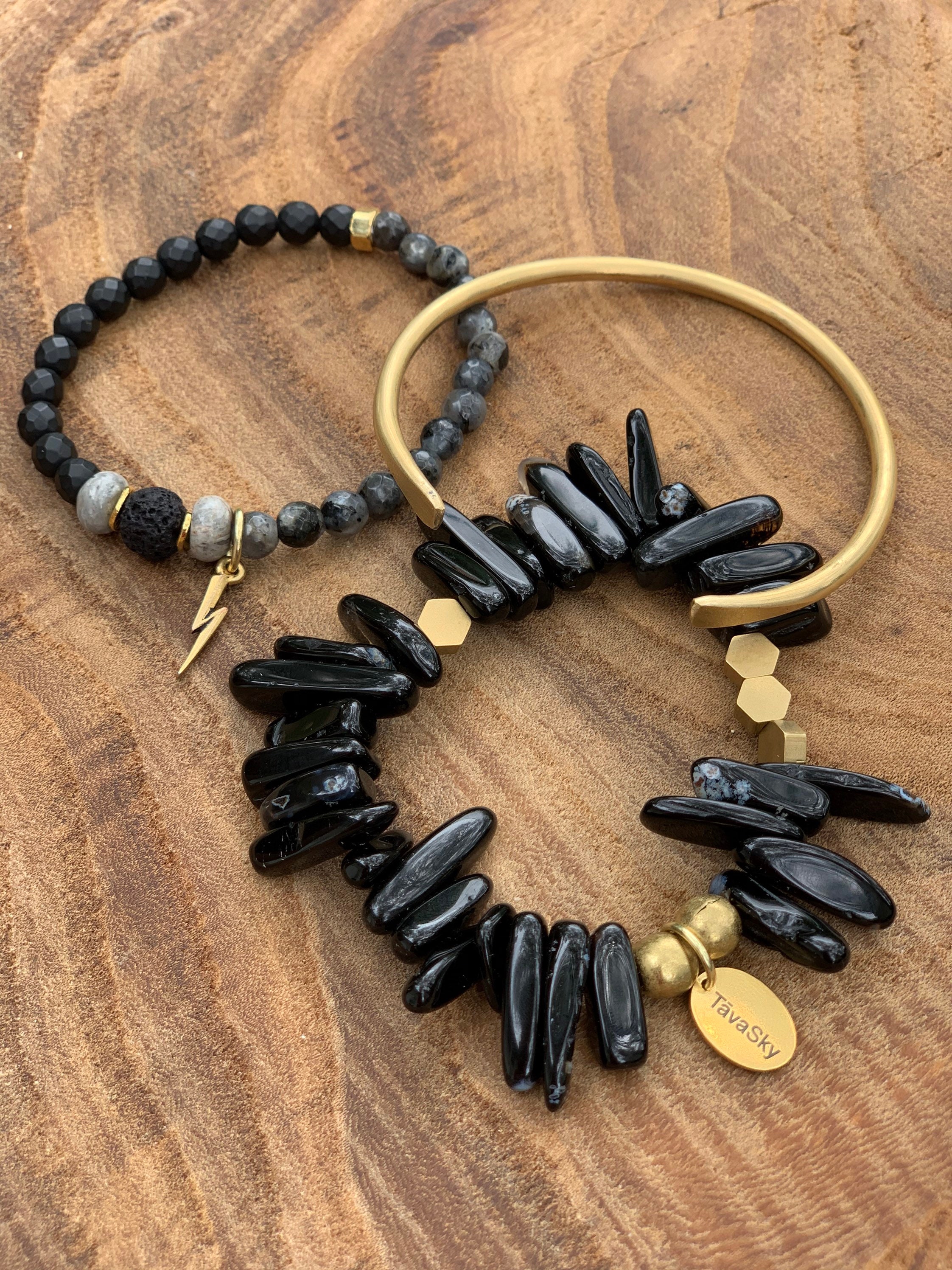 Black Gemstone Bracelet Black and Gold Stretch Bracelet Etsy