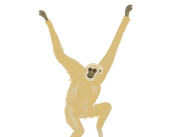 Lar Gibbon Print, Wildlife Ape Poster, Tropical Monkey Jungle Illustration, Children's Room Nursery, Animal Gift, Size A3 A4 A5 Wall Art