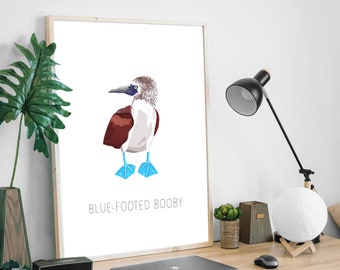 Blue Footed Booby, Galapagos Animal Wildlife, Unusual Cute Poster Coastal Bird Decor Funny Bathroom Nautical, Illustration A3 A4 A5 Wall Art