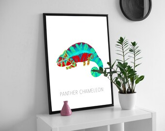Panther Chameleon Print, Tropical Lizard Drawing Poster, Reptile Decor, Kids, Botanical Animal Gift Illustration, Size A3, A4 Wall Art