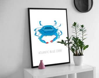 Atlantic Blue Crab Print, Nautical Poster, Coastal Ocean Illustration, Sea Creature Decor, Bathroom, Kids Animal Gift Size A3, A4 Wall Art