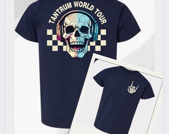 May include: Two navy blue t-shirts with different designs. The first shirt has a skull wearing headphones with the text "Tantrum World Tour" above it. The second shirt has a skeleton hand making the rock and roll sign.