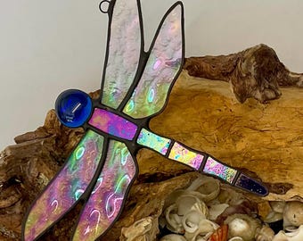 Stained Glass Blue Dragonfly Suncatcher • Handmade Window Hanging