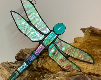 Stained Glass Turqoise Dragonfly Suncatcher • Window Hanging Decoration
