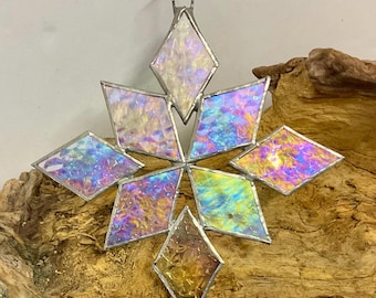 Stained Glass Snowflake Suncatcher • Iridescent Christmas Tree Ornament • Festive Window Hanging