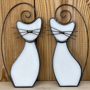 Stained Glass Cat Suncatcher: White Wire Tail, Pet Loss Gift