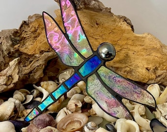 Stained Glass Dragonfly Suncatcher • Iridescent Black Garden Ornament • Handcrafted Window Hanging