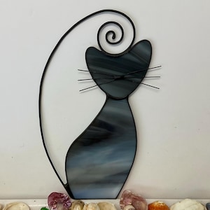 Stained Glass Cat Suncatcher: Grey Wire Tail, Pet Loss Gift