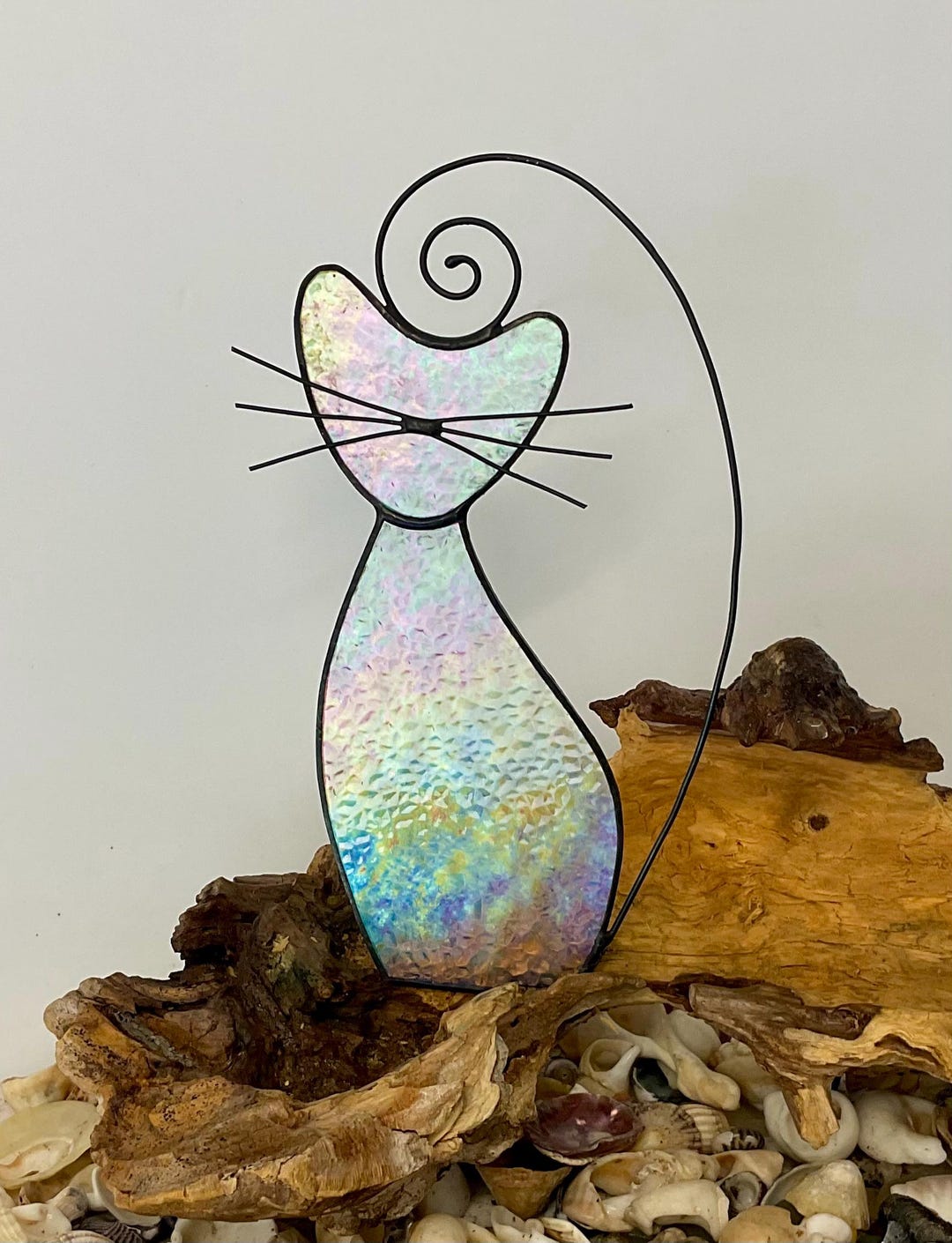 Stained Glass Cat Suncatcher • Handmade • Iridescent Clear Window ...