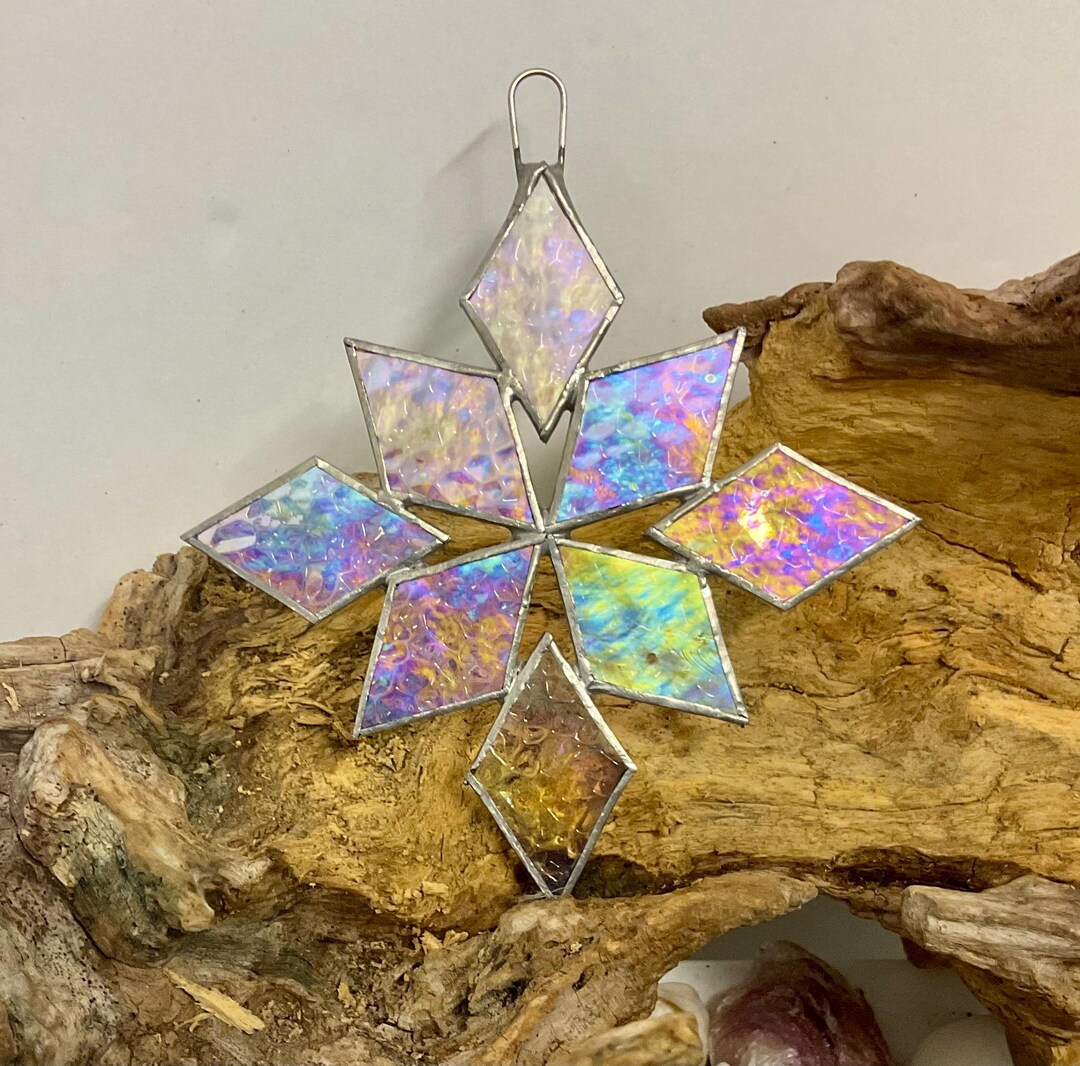 Stained Glass Snowflake Suncatcher • Iridescent Christmas Tree Ornament ...