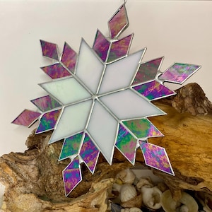Stained Glass Snowflake Suncatcher: Iridescent Window Hanging