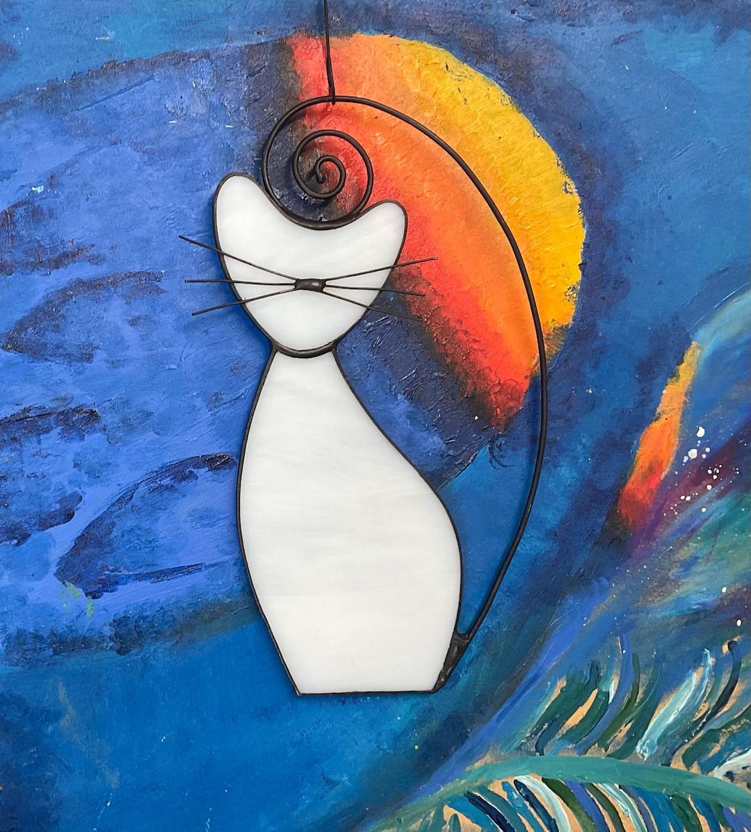 Stained Glass Cat Suncatcher • Handcrafted • White Window Hanging • Pet ...