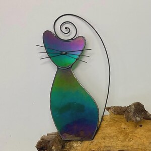 Stained Glass Cat Suncatcher • Cat Lover Gift • Handmade Window Hanging • Pet Memorial Iridescent Green Cat